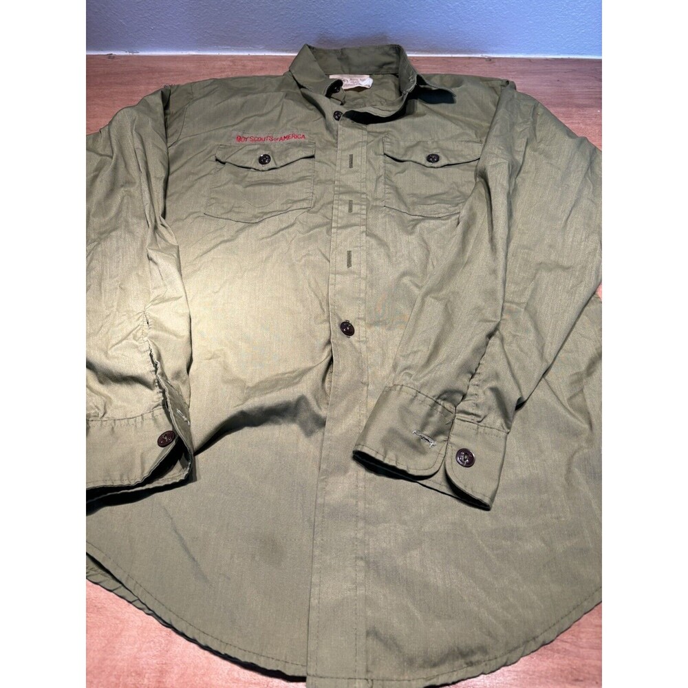 Vintage Boy Scouts of America Uniform Shirt Sanforized Green 1980S Patches Sz M